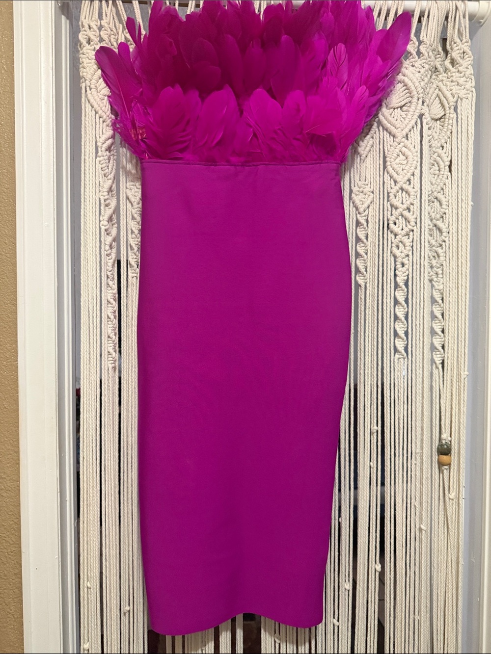 Fashion Nova Magenta Feather Trim Midi Dress